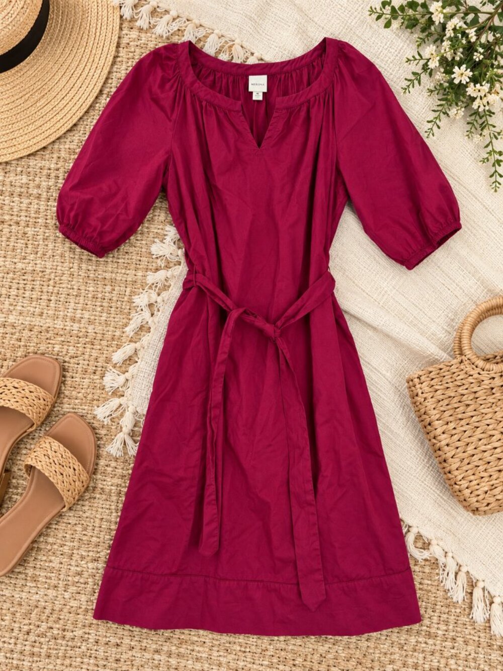 Merona Size Medium Berry Pink Belted Puff Sleeve A-Line Dress 100% Cotton